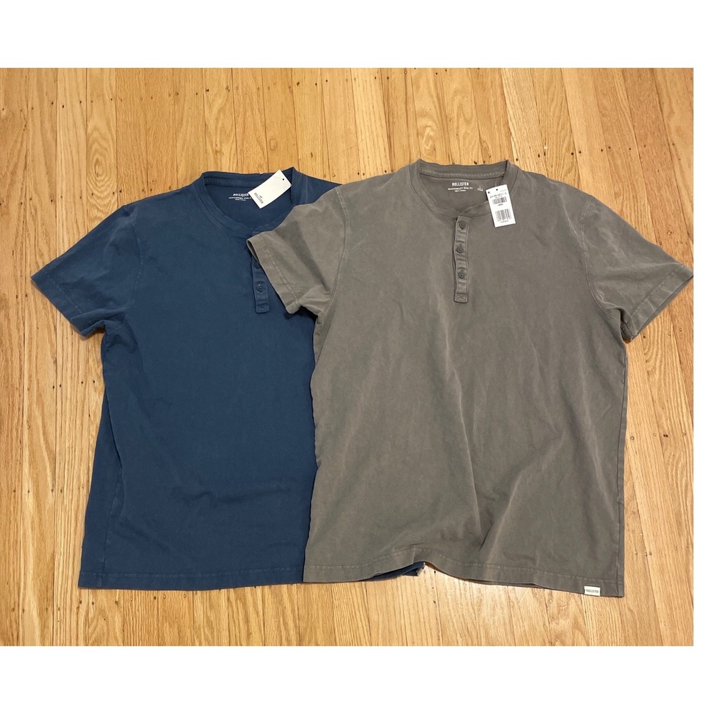 Hollister Mens Henley T-Shirt 2 Pack Heavyweight Slim Fit Large Blue Grey
